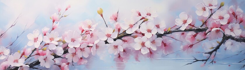 Cherry Blossoms, spring flowers, blooming in a serene garden, gentle breeze caressing petals, watercolor artwork, showcasing soft, translucent layers and a hint of falling blossoms
