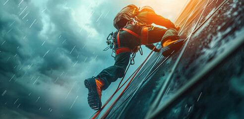 Climber, Prosthetic Legs, Agile and Strong, Scaling a Futuristic Tower, Stormy Weather - obrazy, fototapety, plakaty