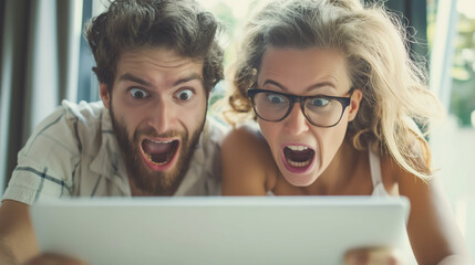A young couple express shock and surprise while staring at a computer screen, wide-eyed and open-mouthed.