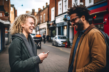 Fototapeta premium two diverse people having a conversation on the street, having a conversation n the streets