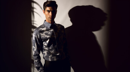 man in a printed shirt with dramatic lighting from a window with shadows 