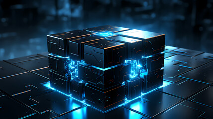 3D rendering of glowing technological data cubes