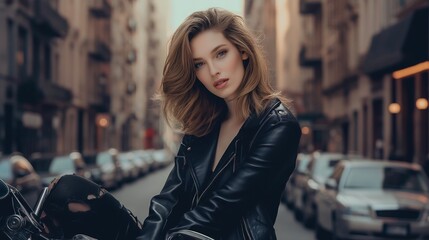 Fototapeta premium photography portrait of beautiful woman , stylish hair, background a New York street, in the style of George created by ai