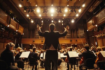 A conductor stands in front of an orchestra, using expressive gestures to lead musicians in a concert hall
