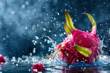 A dragon fruit splashes energetically in a pool of water, surrounded by lively water droplets,...