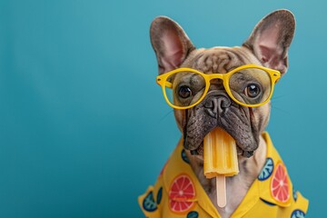 Dog in fruit print shirt, munching on a popsicle, summer fashion background, playful and stylish - obrazy, fototapety, plakaty