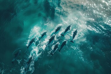 A pod of dolphins swimming and playing in the ocean, captured from a high-angle perspective - obrazy, fototapety, plakaty