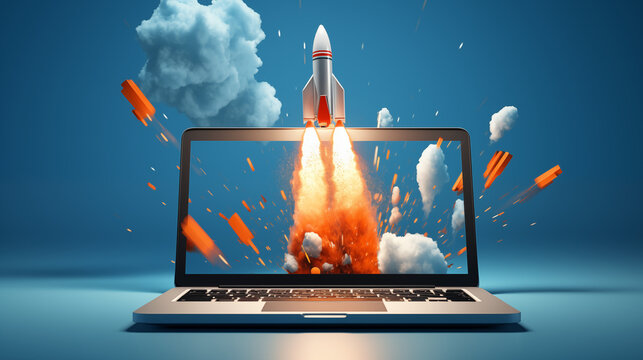 Space Rocket Launching from Laptop Screen with Dynamic Clouds and Debris
