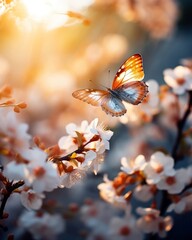 Peaceful Garden, Blossoming flowers, Tranquil sanctuary for meditation and contemplation, Butterfly dance in the gentle breeze, Photography, Golden hour, Depth of field bokeh effect - obrazy, fototapety, plakaty