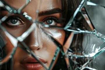 A dynamic close-up shot of a womans face seen through shattered glass, creating a unique and fragmented perspective - obrazy, fototapety, plakaty