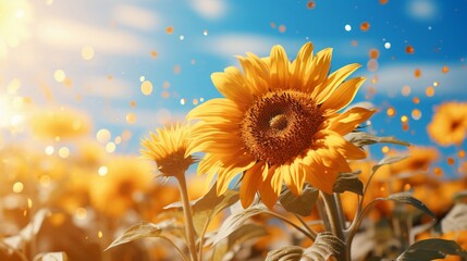 Sunflower, fair trade gold, elegant and majestic, standing tall in a lush field, under a clear blue sky, with a shimmering, realistic effect - obrazy, fototapety, plakaty