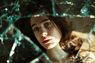 A woman gazes through a shattered glass window, her face partially obscured by the fractured panes