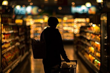 A person pushing a shopping cart in a grocery store, illuminated by warm store lights