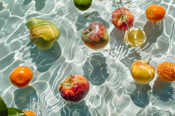 A group of assorted fruits floating gracefully on the waters surface, creating a colorful and vibrant arrangement