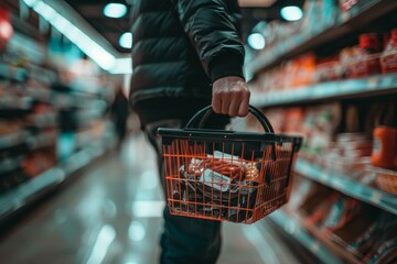 A person is seen holding a shopping basket while browsing through products in a grocery store aisle - obrazy, fototapety, plakaty