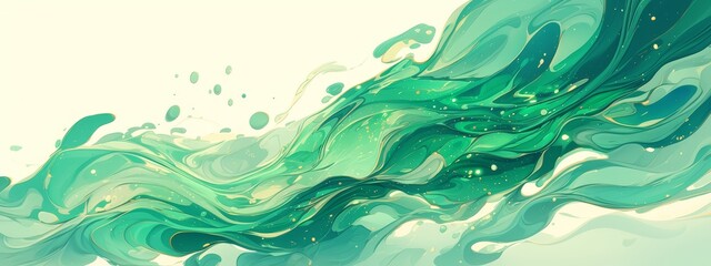 Abstract green and white fluid background, liquid marble texture with swirling waves of emerald and aquamarine