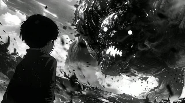 Horror monster scene, explosion, robot monster, black and white