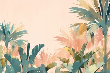 abstract illustration of palm trees in muted pastel tones against a peach background