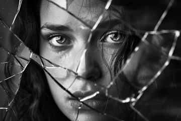 A woman is carefully looking through a broken glass window, her expression curious and contemplative - obrazy, fototapety, plakaty