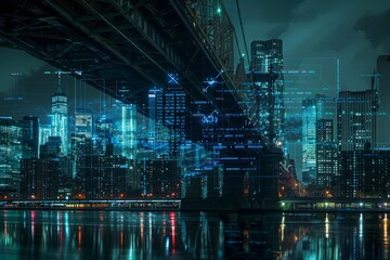 A city bridge illuminated against the dark night sky, showcasing modern tech integration with abstract data
