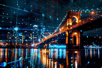 A bridge over a city river at night featuring abstract data integration, connecting two urban areas over the water