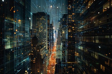 Nighttime cityscape showcasing a bustling city with numerous tall buildings illuminated and overlaid with abstract data visualizations, highlighting technological integration