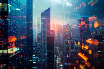 A nighttime cityscape viewed through a window with illuminated buildings and abstract data visualizations showcasing technological integration