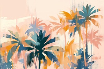 Fototapeta na wymiar abstract illustration of palm trees in muted pastel tones against a peach background