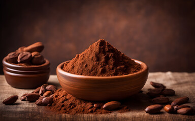 Close up of cocoa powder in a brown ceramic bowl, raw cocoa beans around, with copy space, concept of cocoa trading - Powered by Adobe