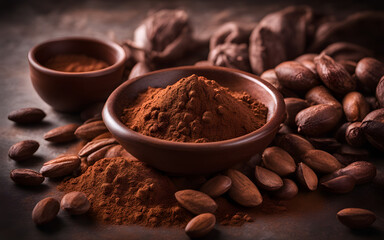 Close up of cocoa powder in a brown ceramic bowl, raw cocoa beans around, with copy space, concept...