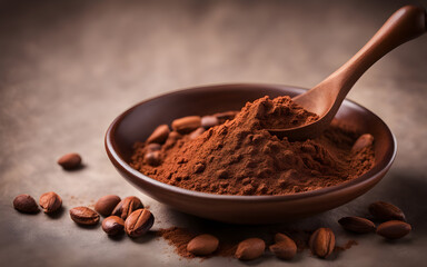Close up of cocoa powder in a brown ceramic bowl, raw cocoa beans around, with copy space, concept of cocoa trading