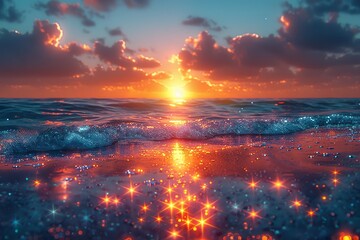 Twilight over a sea where the water glows with the light of thousands of stars beneath the surface compact - obrazy, fototapety, plakaty