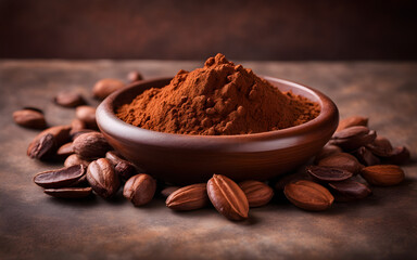 Close up of cocoa powder in a brown ceramic bowl, raw cocoa beans around, with copy space, concept of cocoa trading