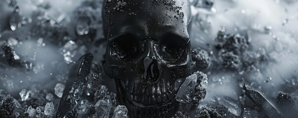 black skull on a black background with fog. - obrazy, fototapety, plakaty