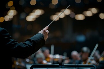 The conductor is leading the orchestra, holding a baton in front, directing the musicians