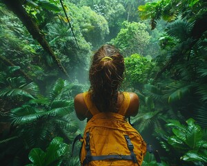Zip lining over a lush rainforest canopy action cam - obrazy, fototapety, plakaty