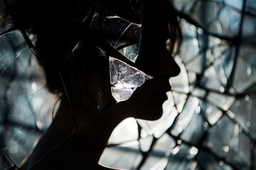 A womans face is captured against a backdrop of broken glass in this silhouette portrait with backlighting