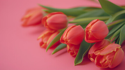 Vibrant Red Tulips with Fresh Green Leaves on Pink