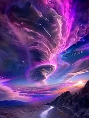 Gartenposter  A vibrant sky with swirling purple and blue clouds over a serene landscape at sunset. © ChoopyChoop