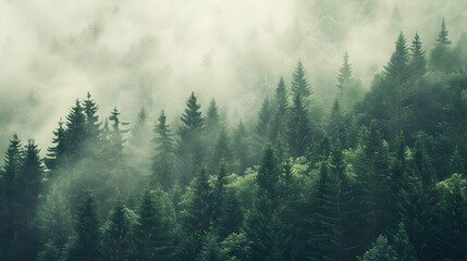 Misty landscape with fir forest in vintage retro style  - obrazy, fototapety, plakaty