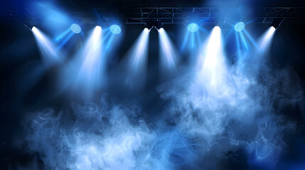 Illuminated stage with scenic lights and smoke. Blue vector spotlight with smoke volume light effect on black background. Stadium cloudiness projector