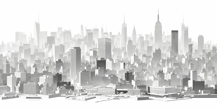 A vintage, monochromatic painting of the New York City skyline, with each building represented by an abstract, blurred silhouette against a light grey background. 