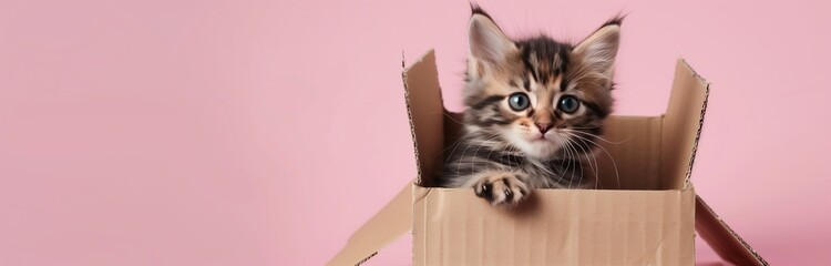 cute little cat playing with the carton box isolated on pink background