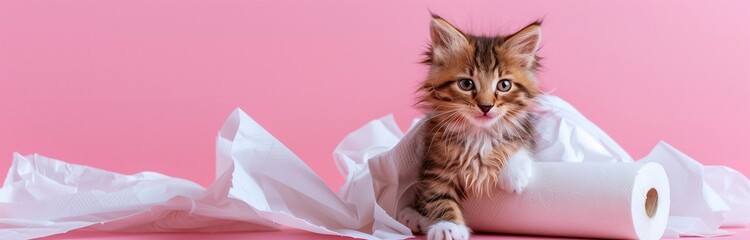 Fototapeta na wymiar young kitten playing with the toilet paper isolated on ink background