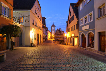 night view, Rothenburg ob Der Tauber, Bavaria, Germany - medieval town, popular place for tourism, scenic townscape view...exclusive - this image is sold only on Adobe stock - obrazy, fototapety, plakaty