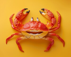 Adorable kawaii crab, bright red, cheerful smile, top view, playful pose, soft yellow background