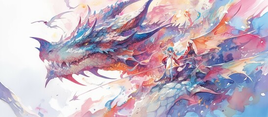 A watercolor painting of an elegant dragon with vibrant rainbow colors, set against a white background. 