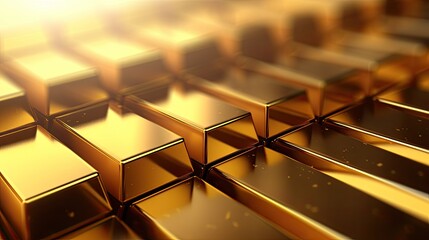Banking and financial industry concept with gold bars in a row. Although the gold standard has passed, a declining US dollar means rising gold prices - obrazy, fototapety, plakaty