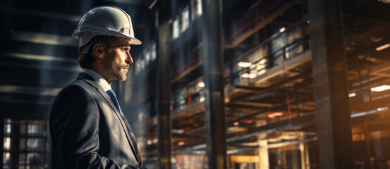 Portrait of mature engineer with hardhat in warehouse, Mixed media