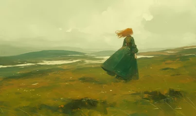 Foto op Canvas A woman in an emerald green dress, her hair flowing behind her as she walks through the windswept grasslands of Ireland's west coast.  © Photo And Art Panda